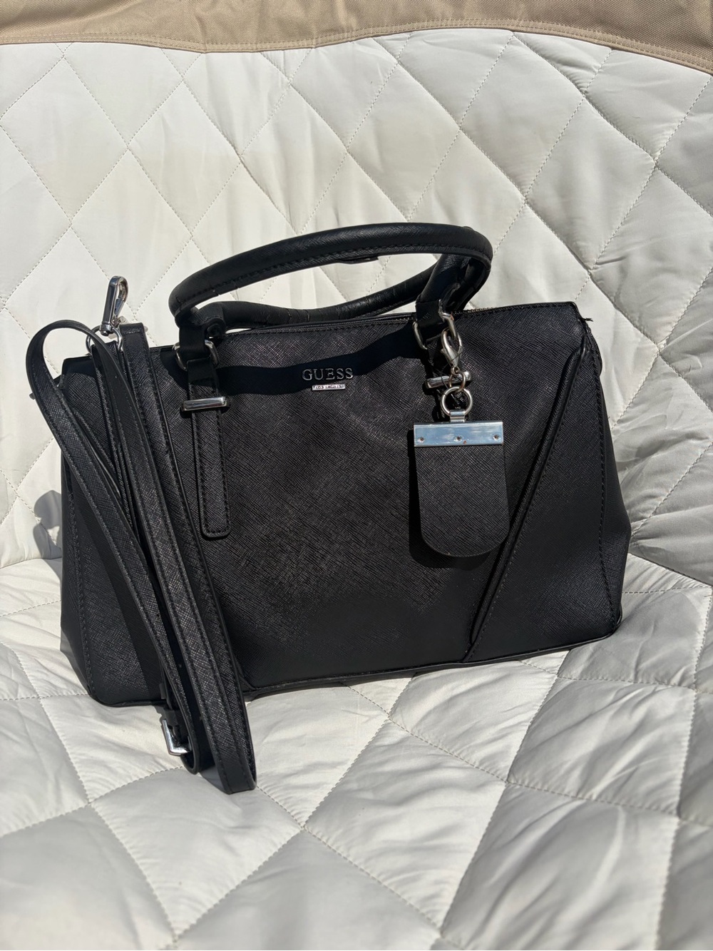 GUESS Black Saffiano-Style Satchel with Detachable Strap